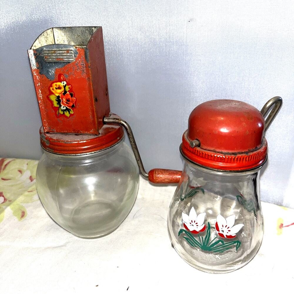 2 Vintage Spice/Nut Grinders Red Floral Tulip C1940